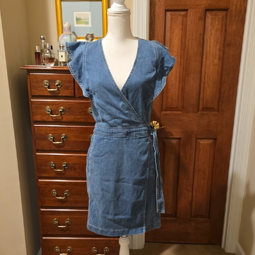 White House Black Market DenimeWrap Dress with Ruffled Cap Sleeves